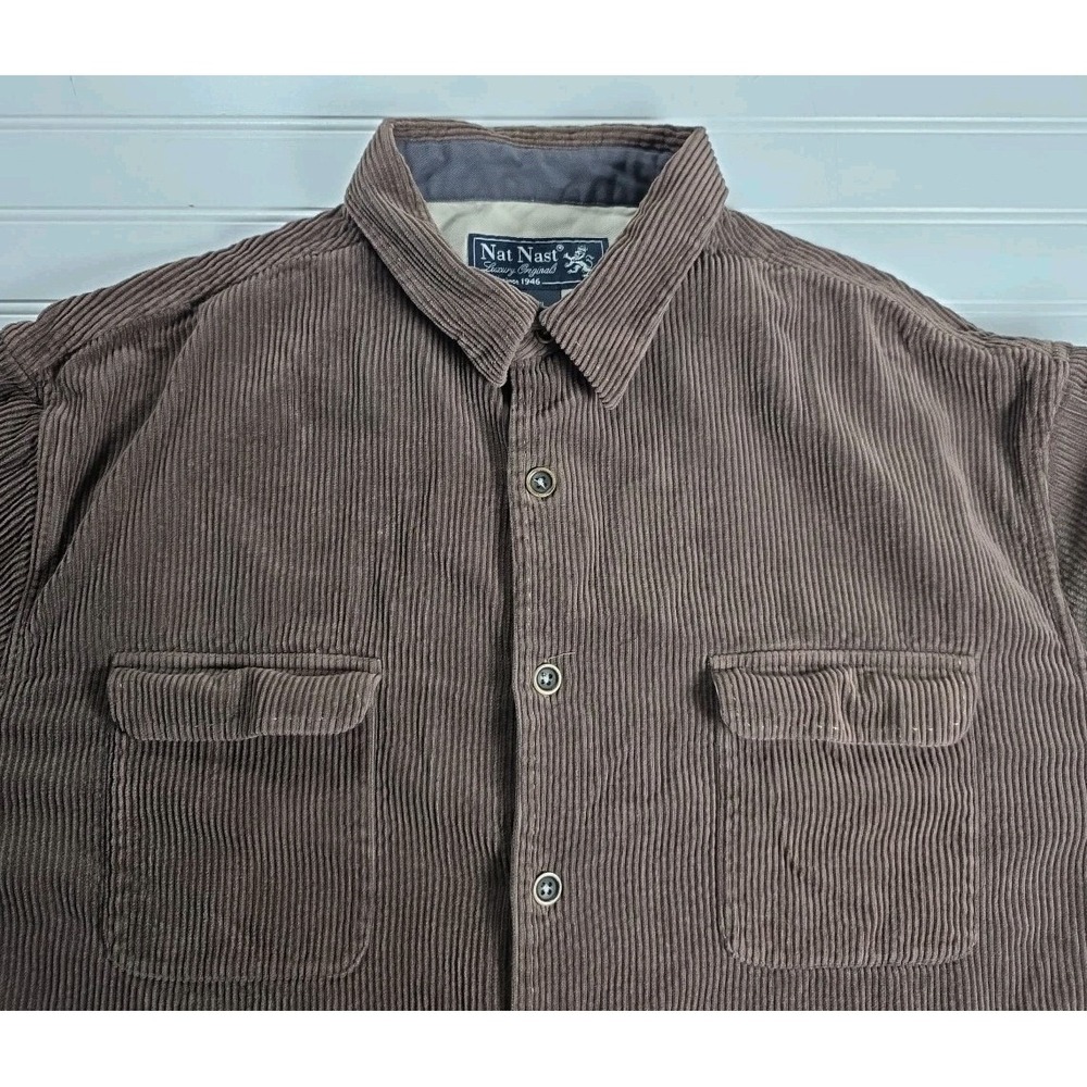 Nat Nast Button Up Shirt Men XL BROWN Corduroy Long Sleeve Pocket Silk Blend